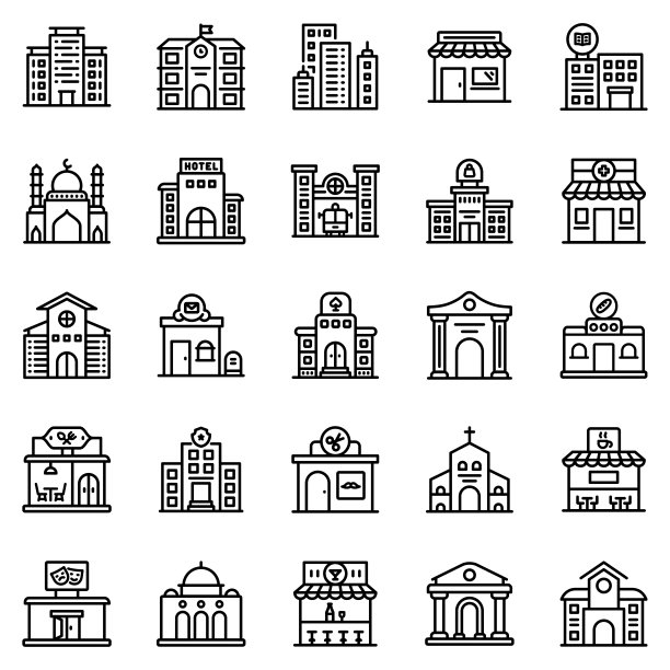 建筑图标设置矢量插图。城市、城镇、住宅、地标、博物馆、细线图标。图片下载