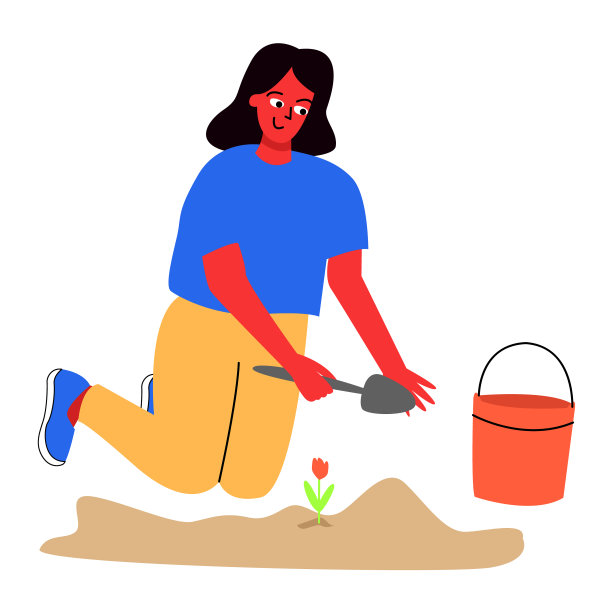 一个女人正在从事种花，园艺。矢量字符在一个简单的平面风格图片下载