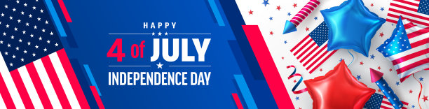 7月4日海报。美国独立日庆祝活动与美国之星气球。美国7月4日宣传广告banner模板，适用于小册子、海报或banner。美国图片下载