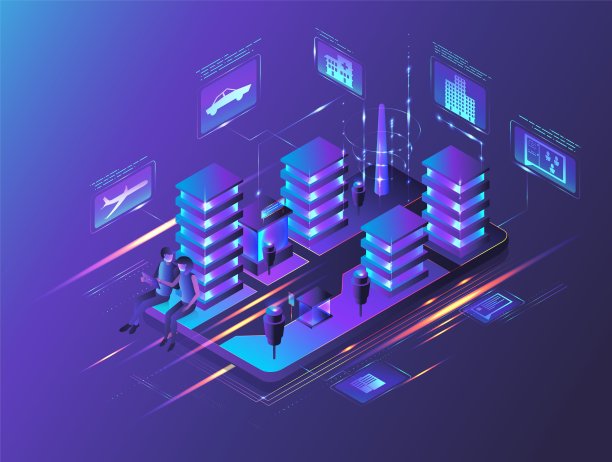 等距建筑霓虹灯，智能手机屏幕上的平板电脑，矢量图。智能城市的技术。图片下载