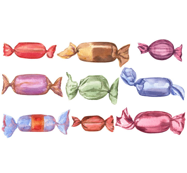 收集明亮和闪亮的糖果画在水彩，在白色孤立的背景。图片下载