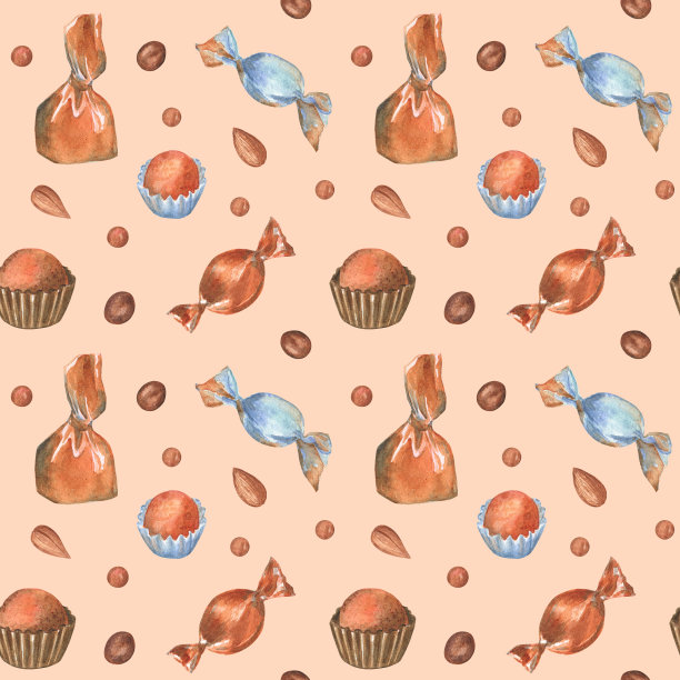 无缝图案与巧克力糖果，松露，杏仁坚果和巧克力滴在浅橙色的背景。图片下载