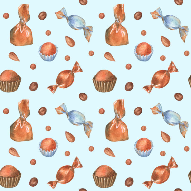 无缝图案与巧克力糖果，松露，杏仁坚果和巧克力滴在浅蓝色的背景。图片下载