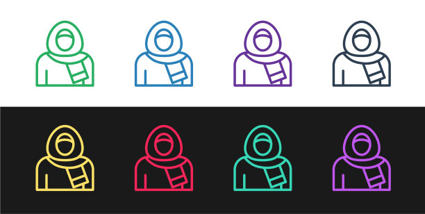 设线的穆斯林妇女在头巾上孤立的图标图片下载