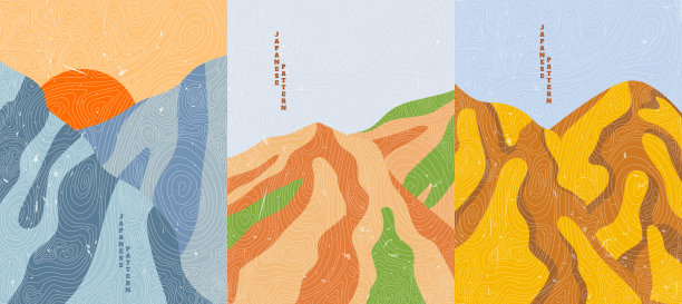 矢量插图。木材表面纹理。山峰,山。行模式。背景的亚洲风格。设计海报，封面，网页模板，小册子，明信片，传单。家庭室内装饰图片下载