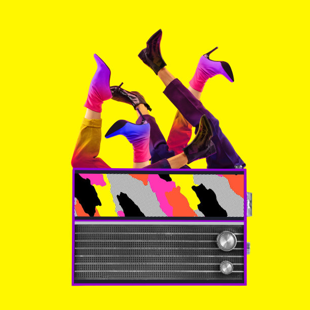 当代艺术拼贴。灵感，想法，时尚都市杂志风格。用人腿和磁带录音机组成的黄色霓虹灯背景。图片下载