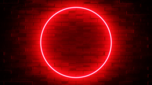 砖墙上的霓虹灯。发光的红色圆圈。抽象背景，光谱鲜明的色彩。3 d渲染插图。图片下载
