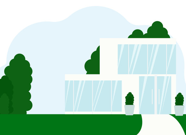 现代白色房子的插图有大窗户和玻璃门图片下载