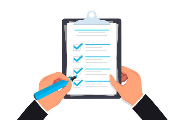 清单。用铅笔握着剪贴板检查表。核对表打勾。标记复选框。测验、调查、待办事项清单或协议的概念。商人用纸张填写清单图片下载