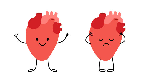 健康快乐的心，不健康病态的心。检查心脏健康。内部器官。矢量图图片下载