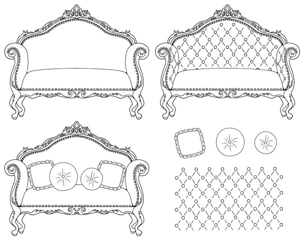 沙发和靠垫的插图。皇家风格。画线。图片下载