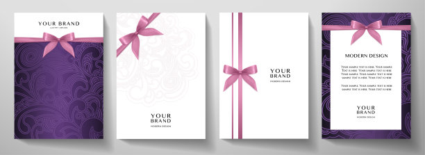假日封面，画框设计集。豪华银色花卉图案(曲线)背景与粉色丝带(蝴蝶结)图片下载