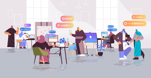 阿拉伯商人通过语音信息、语音聊天应用、社交媒体、在线交流进行交流图片下载