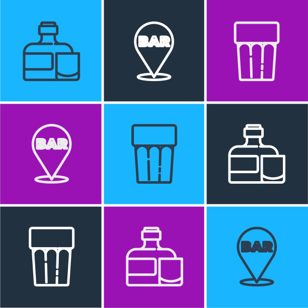 设置直线威士忌酒瓶和玻璃酒杯与图片下载