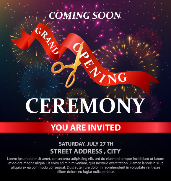 盛大的开幕卡设计与金色丝带图片下载