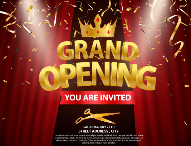 盛大的开幕卡设计与金色丝带图片下载