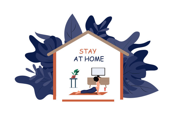 妇女做瑜伽练习在家隔离与视频课。居家，遏制COVID-19, 2019-nCoV新型冠状病毒。向量图片下载