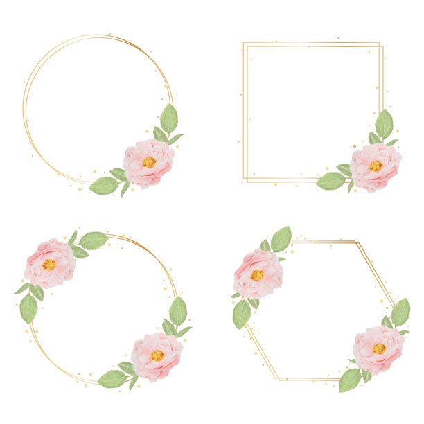 美丽的粉红色水彩英国玫瑰与金色框架收集图片下载