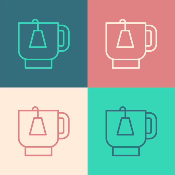 波普艺术线杯茶与茶包图标隔离图片下载