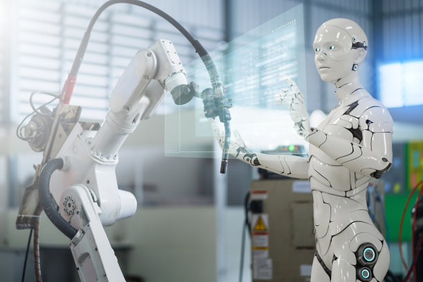 3D仿人机器人手臂在工厂自动化工作未来的现代技术。未来的数字技术AI人工智能在工业工厂生产线的概念。图片下载