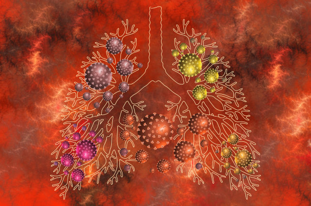 新型冠状病毒的各种突变对人体肺器官的损害。冠状病毒的分形三维模型，抽象图片下载
