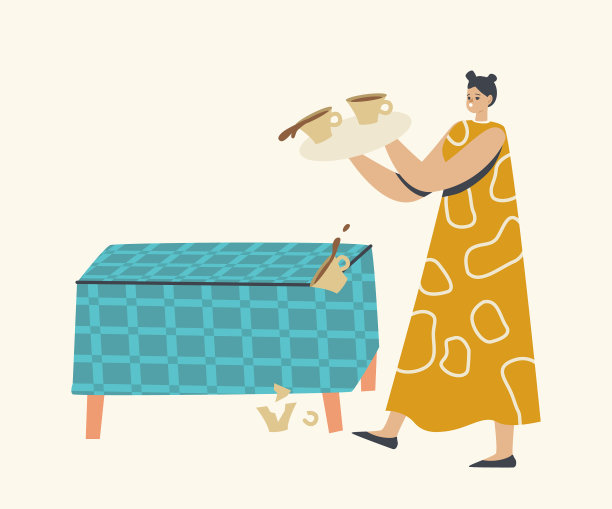 女性角色掉落托盘与咖啡杯图片下载