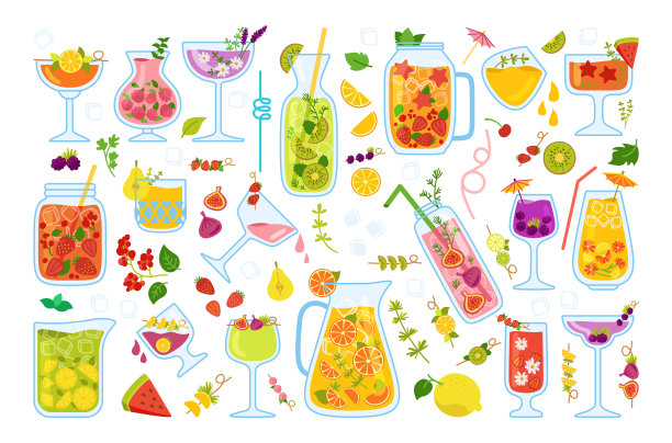 热带鸡尾酒汁卡通套装图片下载