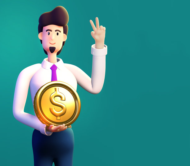 快乐、成功的商人手持金元牌。3 d渲染插图。商业、银行、咨询、创业概念图片下载