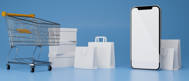 智能手机与模拟屏幕构成与购物车和购物袋的蓝色背景图片下载