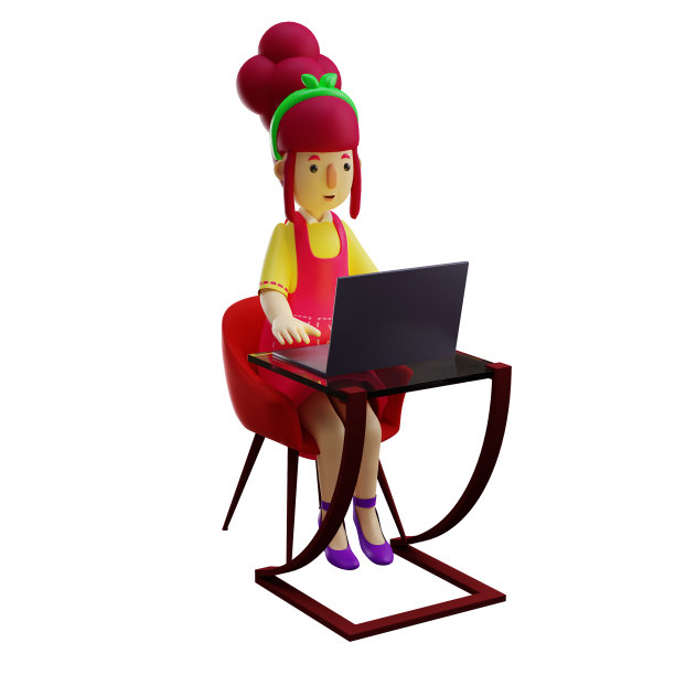 一个工作妈妈3D卡通人物3D卡通设计在书桌上工作与笔记本电脑图片下载