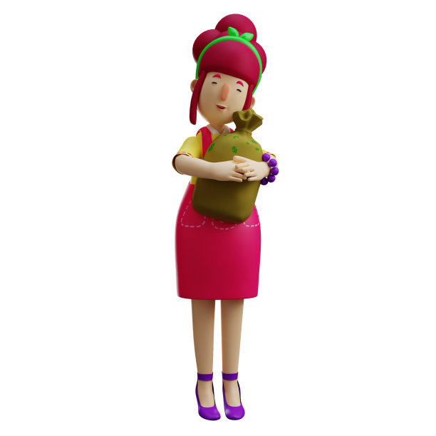 一个成功的3D母亲卡通人物抱着一袋钱图片下载