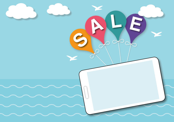 销售标志上的彩色气球与云和手机，供网上销售。图片下载