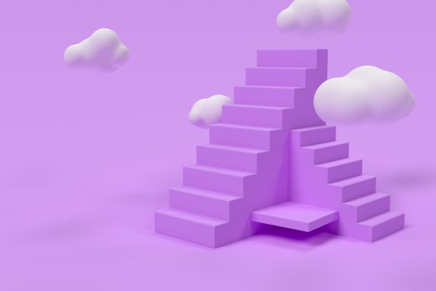 3d紫色楼梯与云彩。图片下载