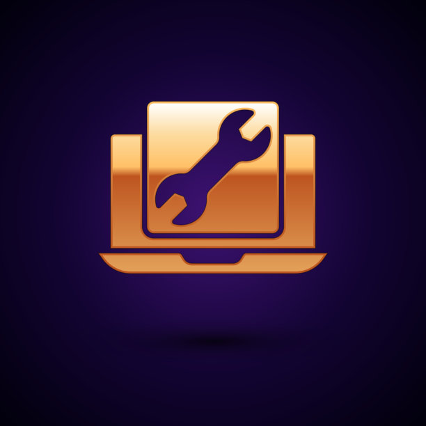 金色笔记本电脑与扳手图标隔离在黑色图片下载