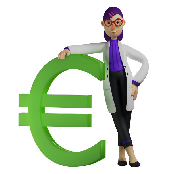 3D女医生卡通设计与绿色欧元标志图片下载