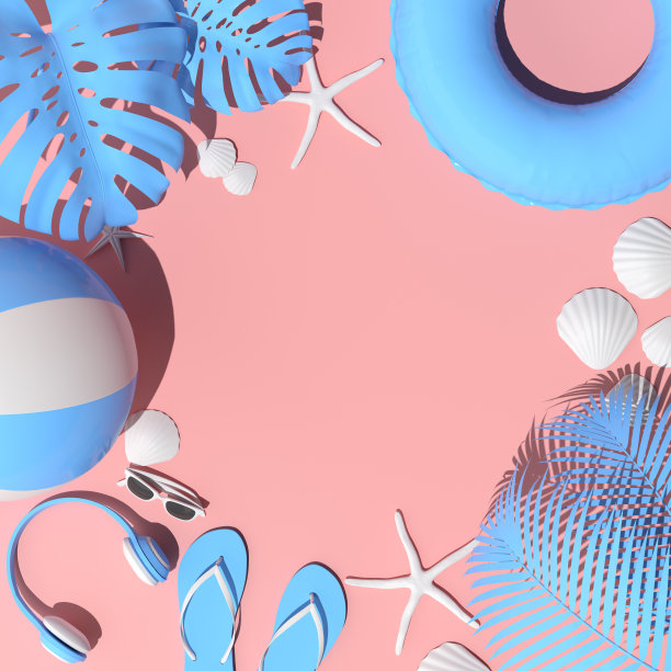 模拟的粉色夏季海滩概念。夏季配件，耳机，太阳镜，海星，贝壳，充气戒指和粉红色背景的人字拖。3 d渲染。图片下载