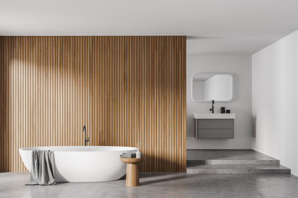 白色木质浴室内饰，浴缸，毛巾，水池，镜子图片下载