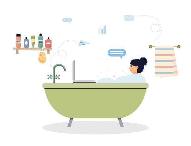 年轻女子一边洗澡一边用笔记本电脑工作图片下载