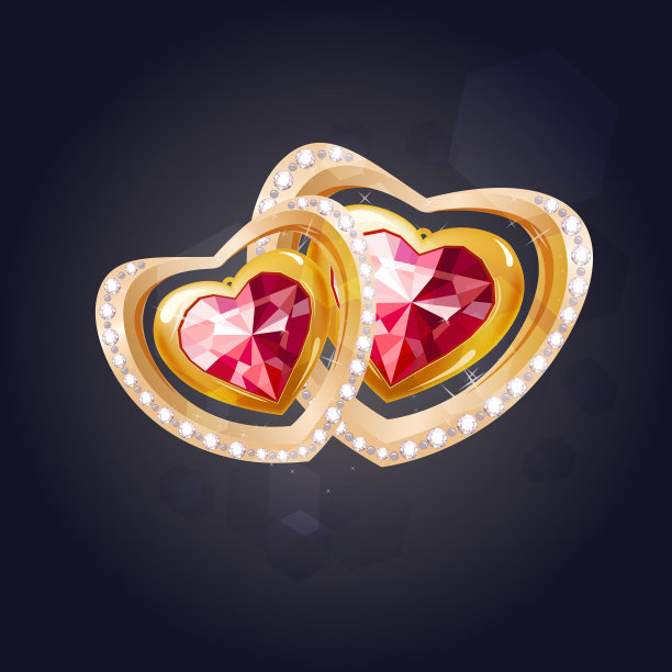 黑色背景上两颗镶着红宝石的金心图片下载