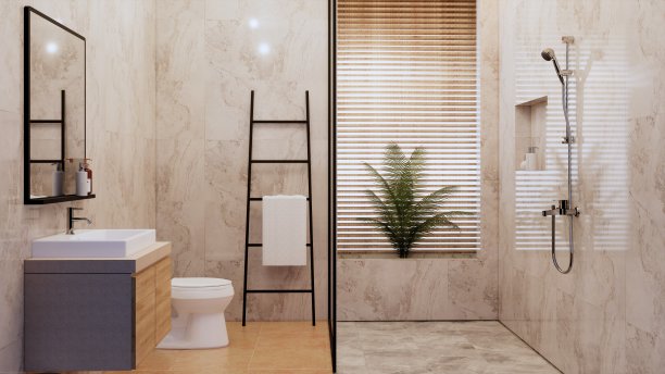 一个干燥的浴室，照明和植物装饰的自然概念图片下载