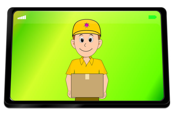 平板电脑与友好的快递送包裹- 3D插图图片下载