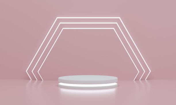 圆柱裙台与反射灯产品展示与六角形墙粉红色背景。空的基座或平台图片下载