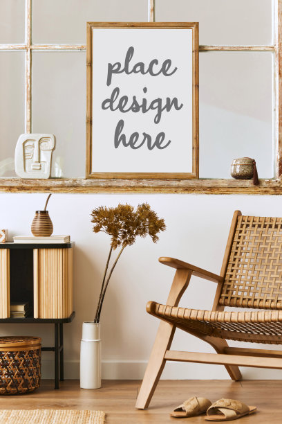 现代组成的客厅室内设计扶手椅和模拟海报框架。模板。图片下载