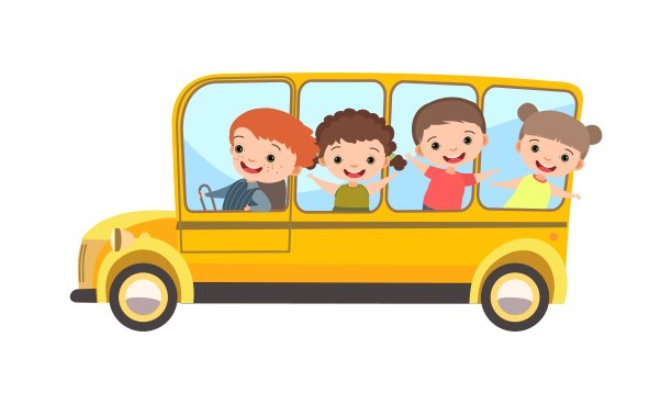 校车。孩子们坐在黄色的多座汽车上。玩具车。有马达的汽车。可爱的载客汽车。孤立在白色背景上。向量图片下载