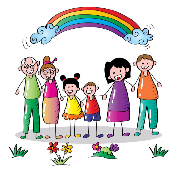 卡通幸福家庭有两个孩子，爷爷奶奶和彩虹图片下载