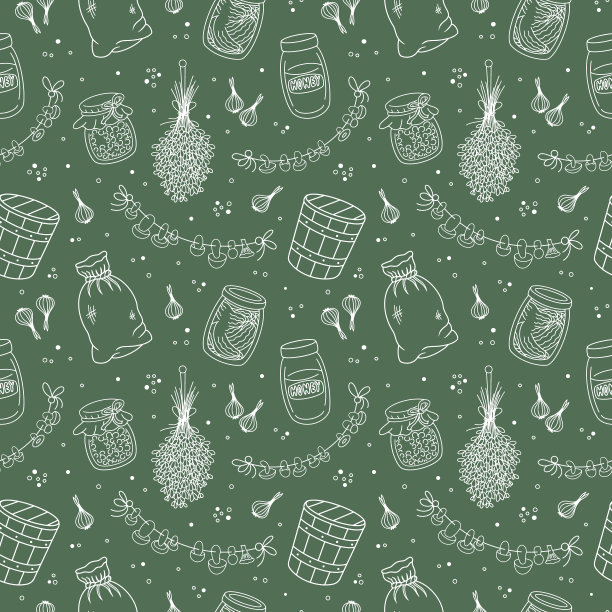 复古的餐具柜，自制的食品供应无缝图案。纯素果酱，罐子，蜂蜜，干植物和蘑菇。矢量涂鸦风格的背景图片下载