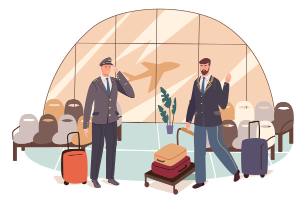 机场网络的概念。飞行员正在准备飞行。带着行李的机长和候机厅工作人员站在候机厅。人场景模板。矢量插图的字符在平面设计图片下载