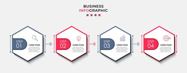 商业信息图设计模板向量与图标和4个选项或步骤。可用于流程图，演示文稿，工作流布局，横幅，流程图，信息图图片下载