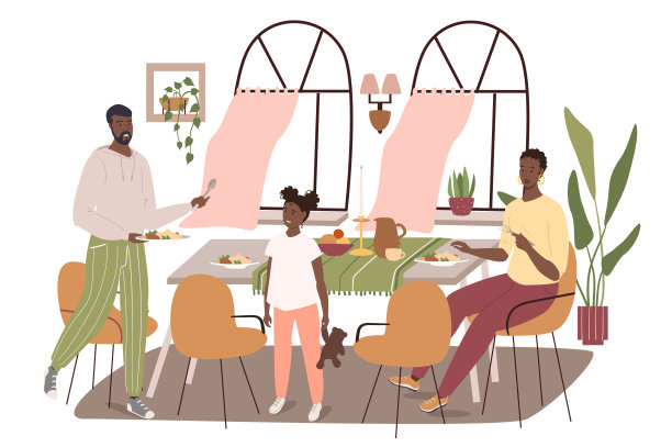 现代舒适的餐厅内饰web概念。一家人围坐在有大窗户的房间里吃饭。人场景模板。矢量插图的字符在平面设计图片下载