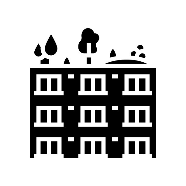 树木和灌木丛在建筑屋顶字形图标矢量插图图片下载